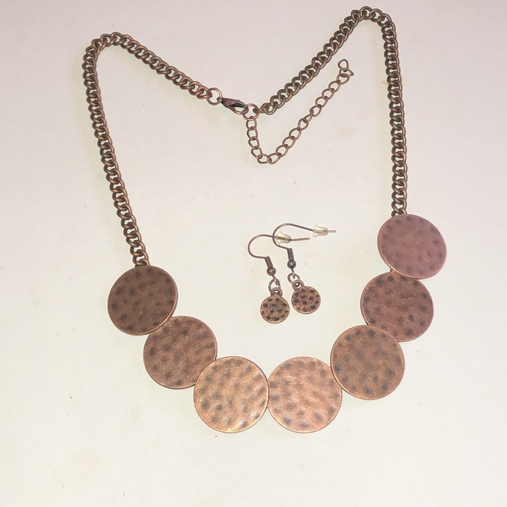 Copper Tone Hammered Disc Boho Necklace and Earrings Set